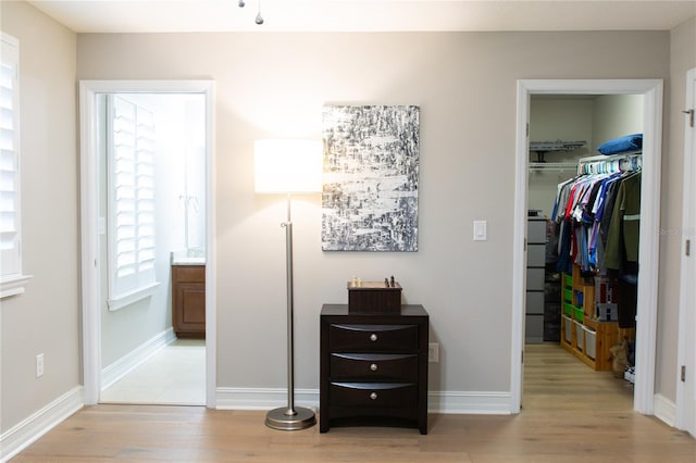 bedroom featuring a spacious closet, baseboards, light wood-style floors, and a closet