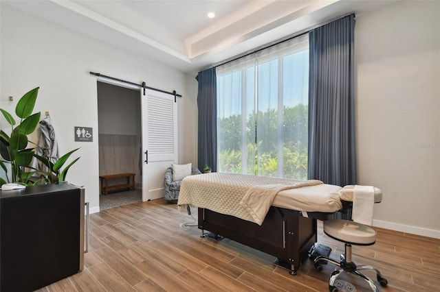 bedroom with a barn door, baseboards, a raised ceiling, and wood finished floors