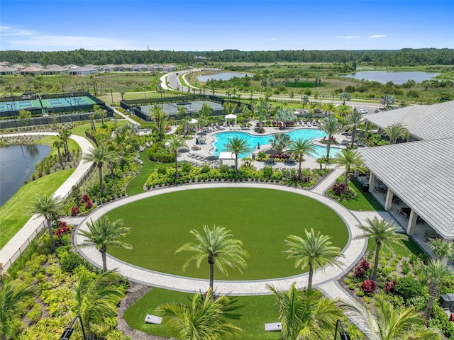 drone / aerial view with a water view