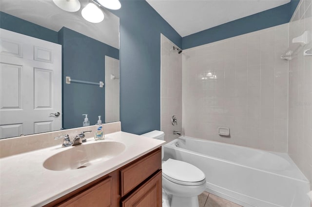 full bathroom with tile patterned floors, shower / tub combination, toilet, and vanity