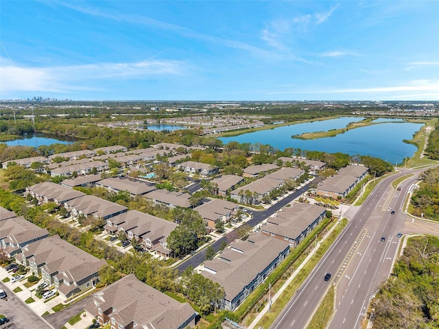 aerial view featuring a residential view and a water view