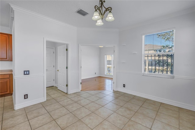 unfurnished dining area featuring light tile patterned floors, visible vents, a notable chandelier, and ornamental molding