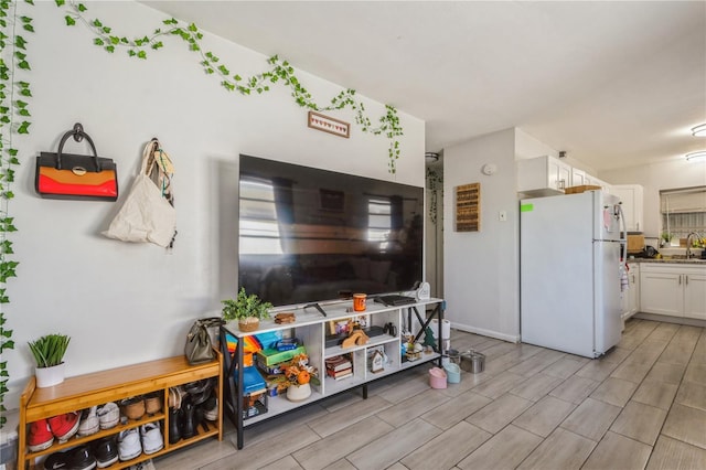 living room with wood tiled floor