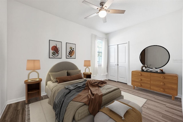 13001 Satin Lily Dr, Riverview, FL 33579 - bedroom featuring ceiling fan, a closet, baseboards, and wood finished floors