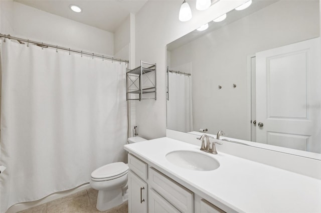 13001 Satin Lily Dr, Riverview, FL 33579 - bathroom featuring toilet, vanity, a shower with shower curtain, and tile patterned flooring