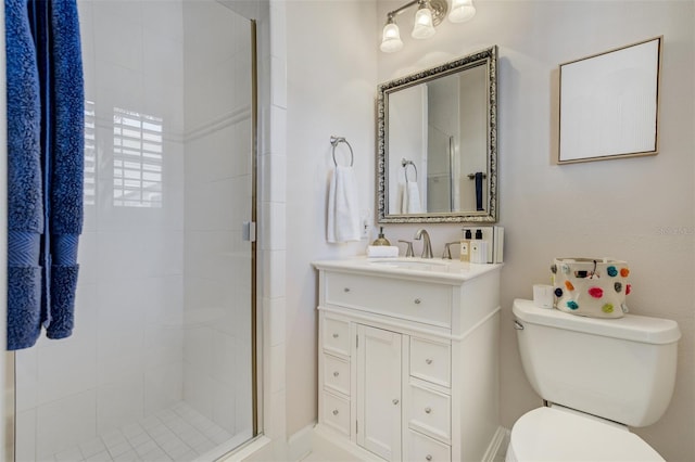 full bath with vanity, a shower stall, and toilet