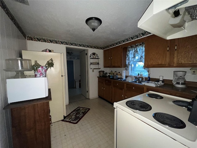 kitchen with ventilation hood, light floors, white range with electric stovetop, a textured ceiling, and a sink