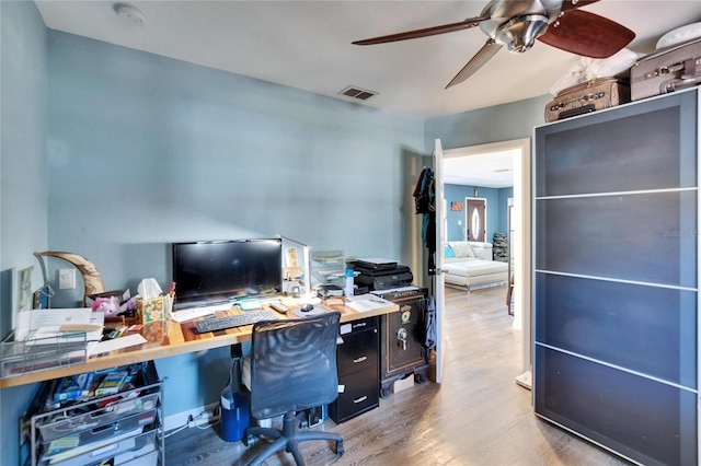 office area with visible vents, ceiling fan, and wood finished floors