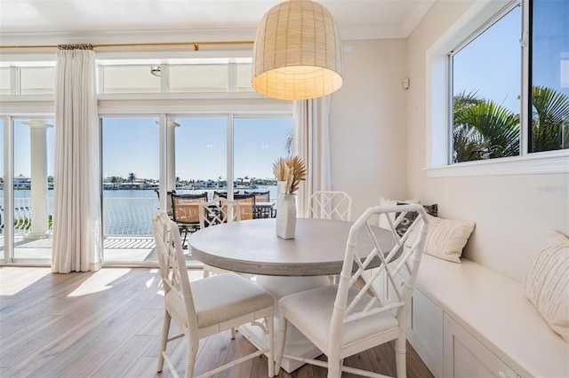 dining area featuring crown molding, light wood-style flooring, and a water view