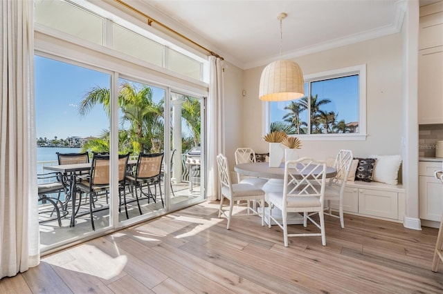 dining space with light wood-style flooring, a healthy amount of sunlight, and ornamental molding