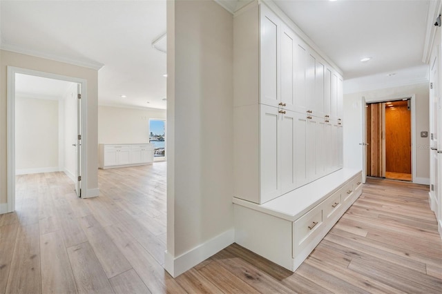 hall featuring light wood-style flooring, baseboards, and ornamental molding