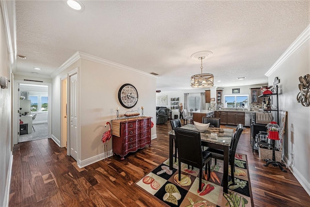 dining room with baseboards, a textured ceiling, and dark wood-style floors