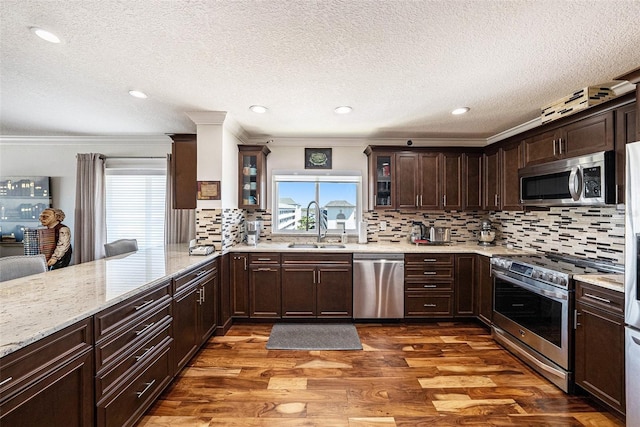 kitchen featuring a sink, stainless steel appliances, plenty of natural light, and dark wood finished floors