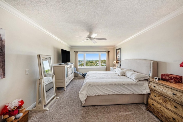 bedroom with light carpet, a textured ceiling, ornamental molding, and a ceiling fan