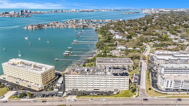 bird's eye view with a water view and a view of city