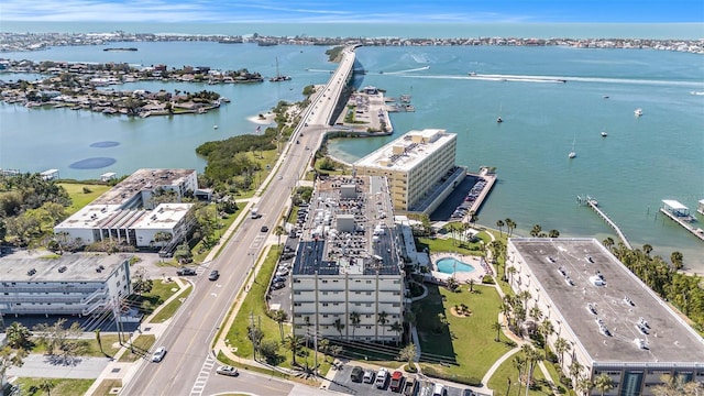 bird's eye view with a water view