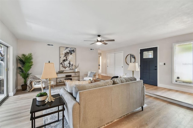 living area with visible vents, ceiling fan, light wood-type flooring, and baseboards