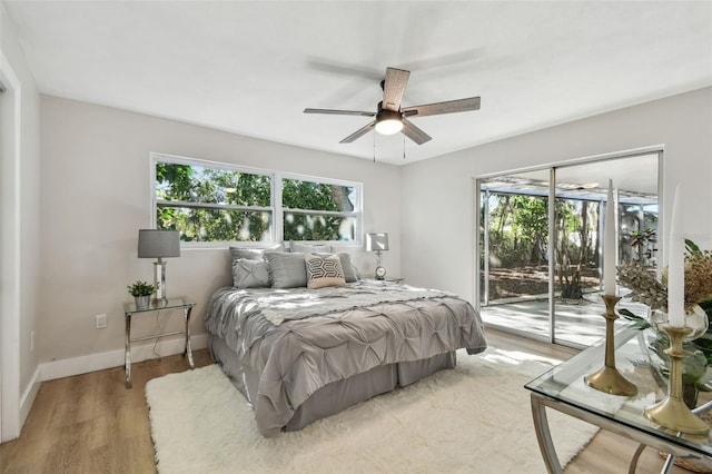 bedroom with access to exterior, multiple windows, baseboards, and light wood-type flooring