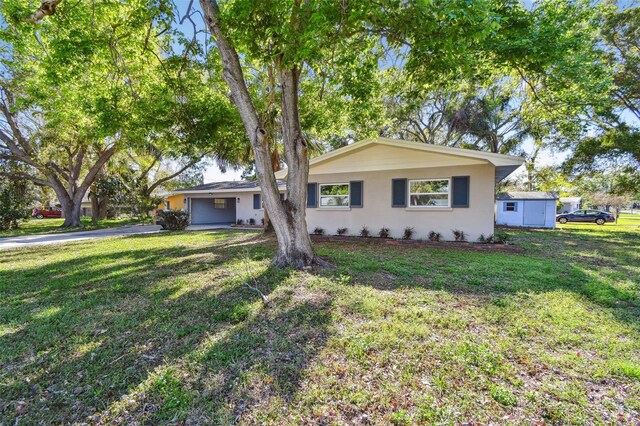 single story home featuring a front lawn and stucco siding