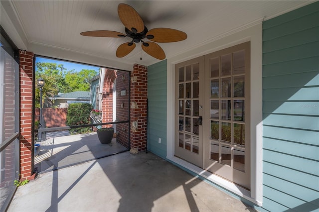 view of patio with a ceiling fan and french doors