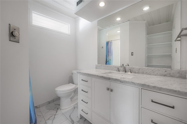 bathroom with visible vents, toilet, recessed lighting, marble finish floor, and vanity