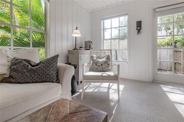 living area featuring a decorative wall and carpet