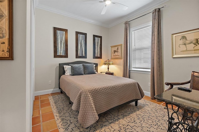 bedroom featuring light tile patterned floors, ceiling fan, baseboards, and ornamental molding