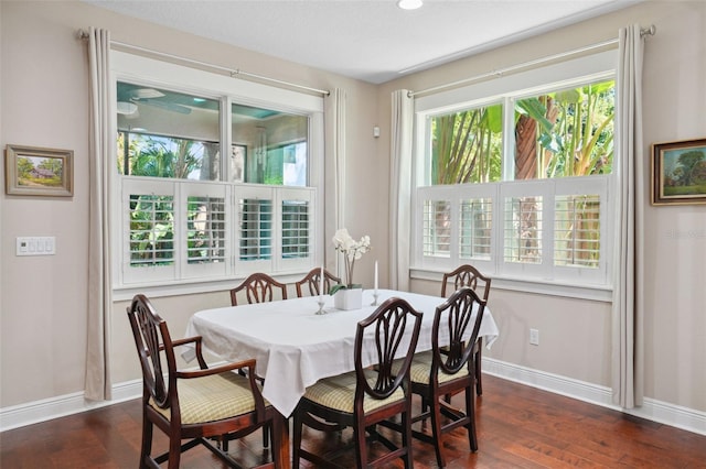 dining area featuring dark wood-type flooring and baseboards