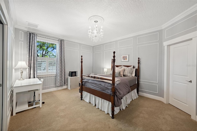 bedroom with crown molding, a decorative wall, a chandelier, and light carpet