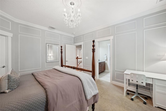 bedroom with crown molding, a decorative wall, and light carpet