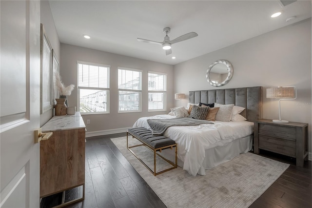 bedroom featuring recessed lighting, baseboards, a ceiling fan, and dark wood-style flooring