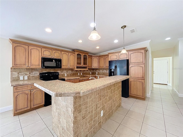 kitchen featuring tasteful backsplash, visible vents, black appliances, and light tile patterned floors