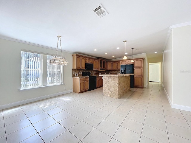 kitchen featuring light tile patterned floors, black appliances, ornamental molding, and light countertops