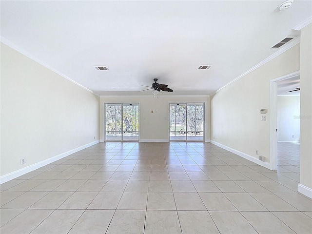 unfurnished room featuring visible vents, baseboards, ornamental molding, light tile patterned flooring, and a ceiling fan