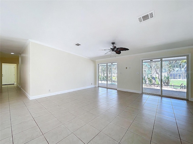 unfurnished room with crown molding, light tile patterned floors, visible vents, and ceiling fan