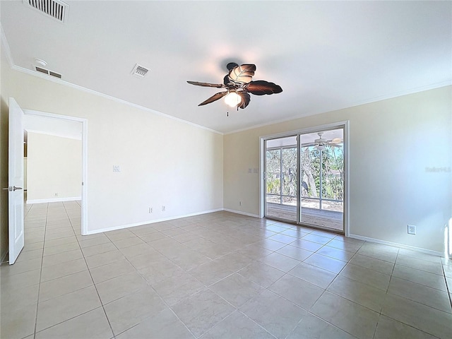 unfurnished room featuring light tile patterned floors, visible vents, crown molding, and a ceiling fan