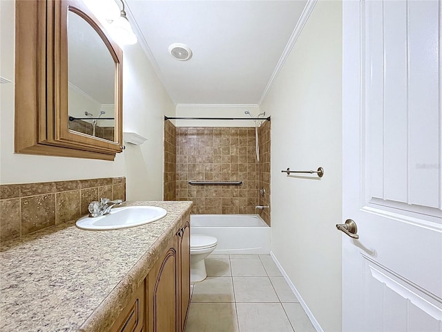 bathroom featuring baseboards, toilet, ornamental molding, tile patterned floors, and vanity