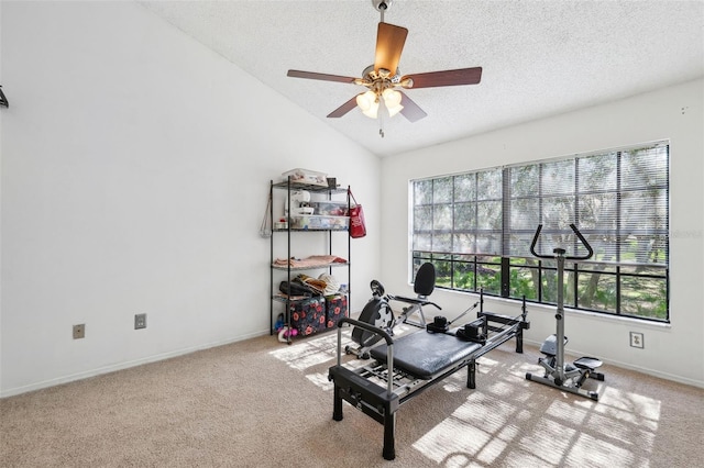 exercise room featuring carpet, baseboards, lofted ceiling, ceiling fan, and a textured ceiling