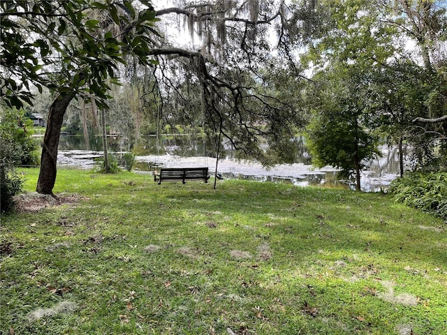 view of community featuring a water view and a lawn