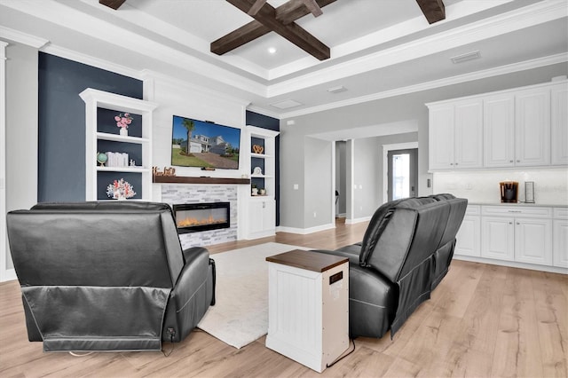 living room featuring visible vents, coffered ceiling, beam ceiling, light wood-style flooring, and a fireplace