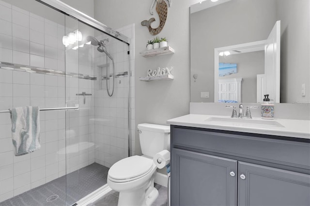 bathroom with vanity, toilet, and a stall shower