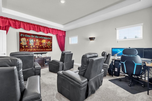 cinema room featuring a raised ceiling, baseboards, and carpet floors