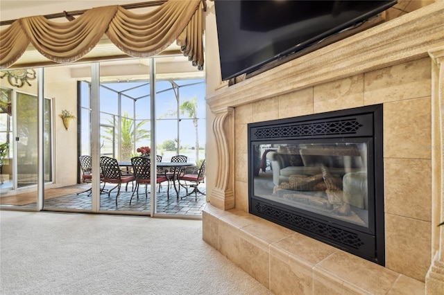 details featuring a tiled fireplace, carpet, and a sunroom