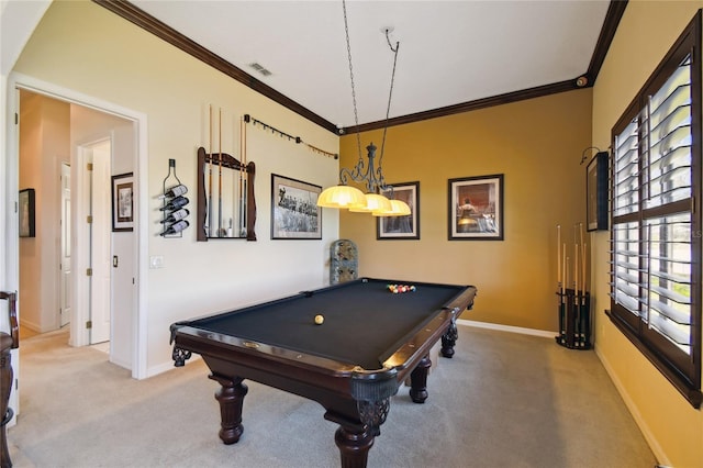 recreation room featuring visible vents, baseboards, carpet, and crown molding