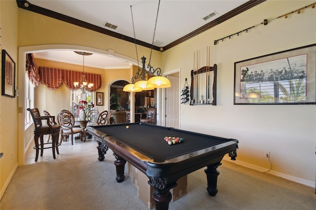 recreation room featuring carpet flooring, arched walkways, visible vents, and a chandelier