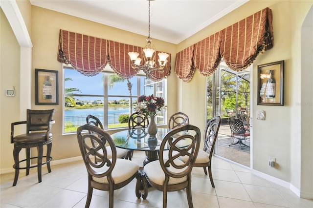 dining room featuring a wealth of natural light, an inviting chandelier, and light tile patterned flooring