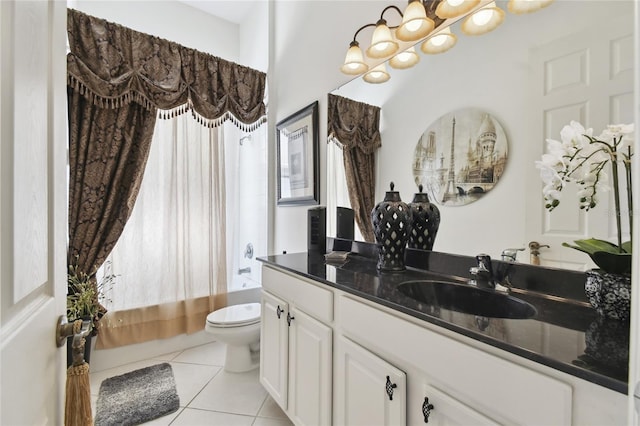 bathroom with shower / bath combo with shower curtain, a notable chandelier, toilet, tile patterned flooring, and vanity