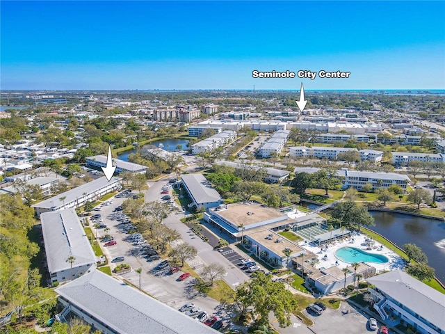 birds eye view of property featuring a water view