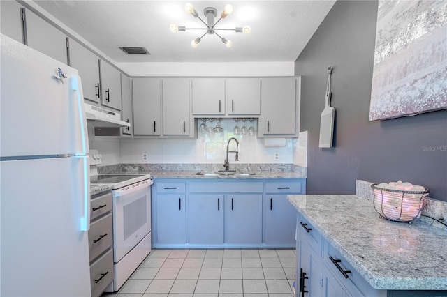 8325 112th St Unit 202, Seminole, FL 33772 - kitchen featuring visible vents, under cabinet range hood, light tile patterned floors, white appliances, and a sink