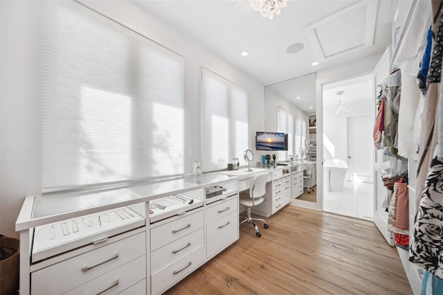 office space featuring recessed lighting and light wood finished floors